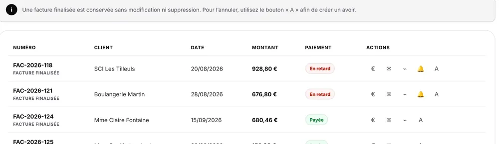 Factures Zlotia : statuts en retard et payée, actions de relance