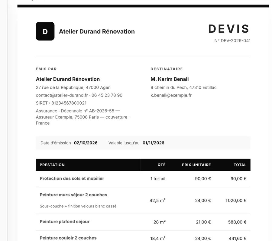 Aperçu d’un devis Zlotia : lignes au m², prix unitaires et totaux