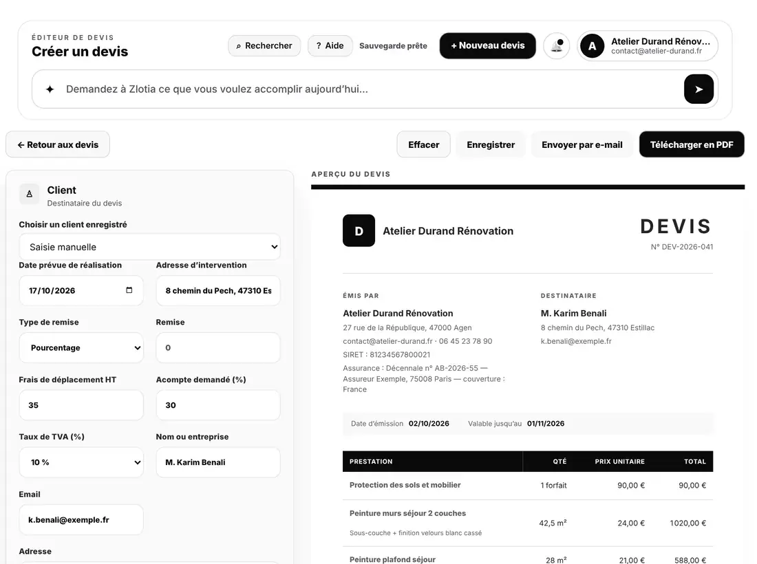 Éditeur de devis Zlotia avec aperçu en direct du document