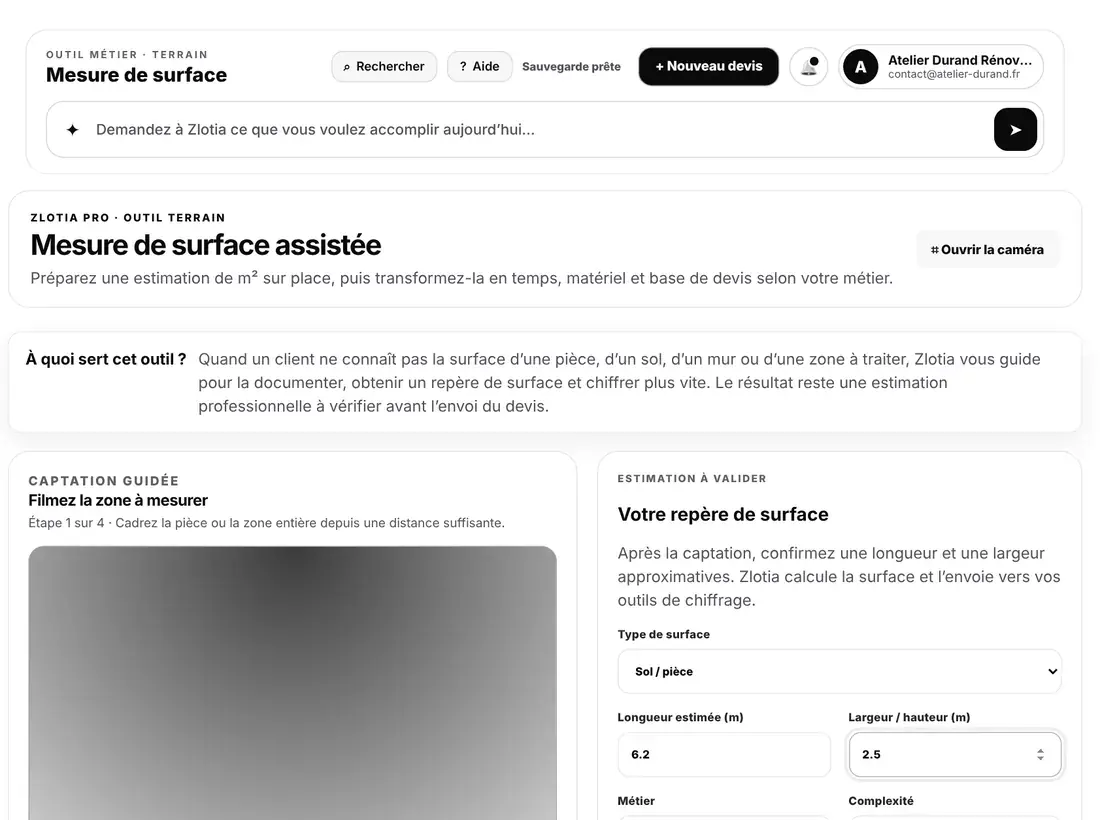 Mesure de surface assistée Zlotia : repère en m² pour chiffrer